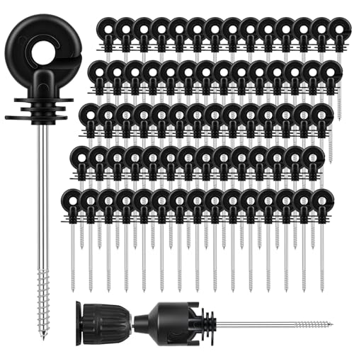 100 Piezas Aisladores de Valla Eléctrica, 150mm Aisladores de Rosca para Postes, Aislantes de Anillo con Llave de Tubo, para postes de madera, cercas de animales y pastoreo (Negro)