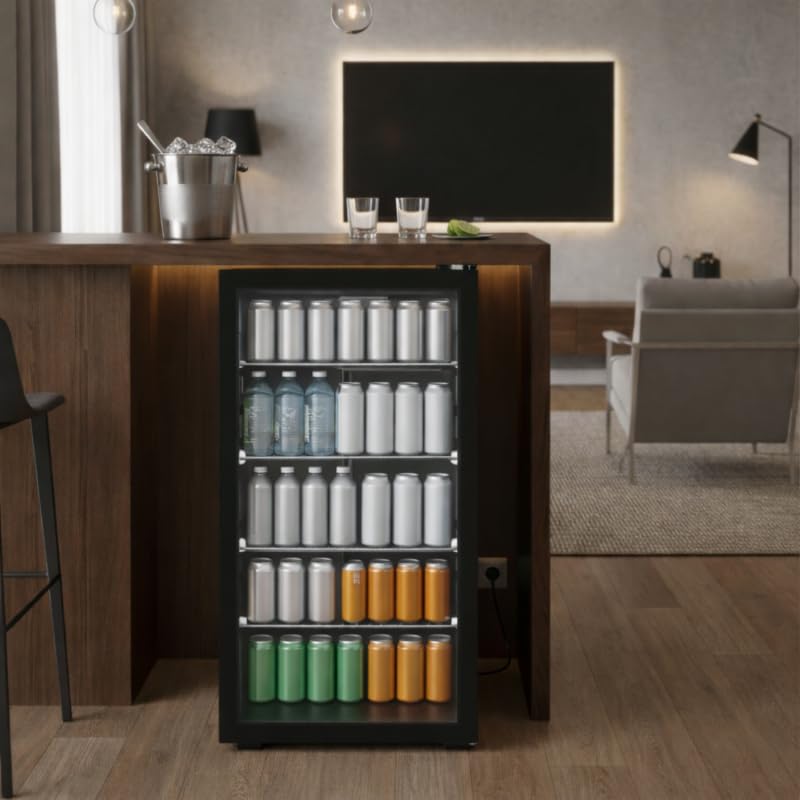 Armoire à Boissons Réfrigérée 92L - Température +2/+10°C - 4 Grilles - Porte avec Serrure - Éclairage LED - Noire