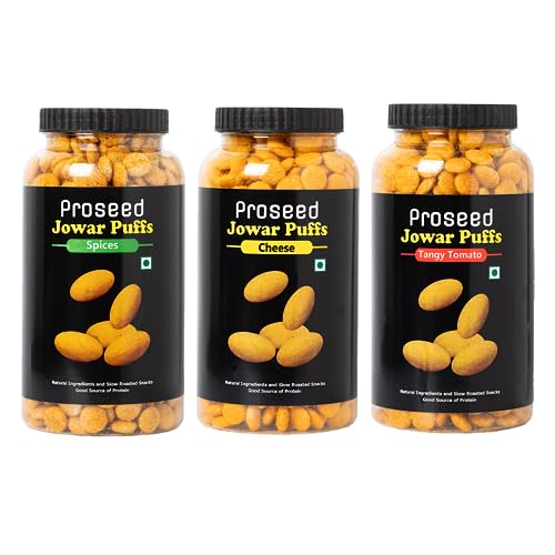 Image of Proseed Jowar Puffs (Spices, Cheese & Tangy Tomato) | 150g x 3 Packs (Total 450g) | Slow Roasted & 100% Veg | No Refined Flour, Sugar & Trans-Fat | Gluten Free | No Palm Oil | Healthy Millet Snacks