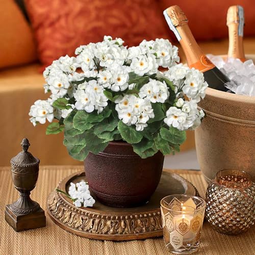 Dremisland 6 Pack Artificial Geranium Flowers for Outdoors White Geranium Silk Flowers Outdoor UV Resistant Garden Plants Bush Faux Flowers for Home Wedding Table Centerpieces Deco image 1