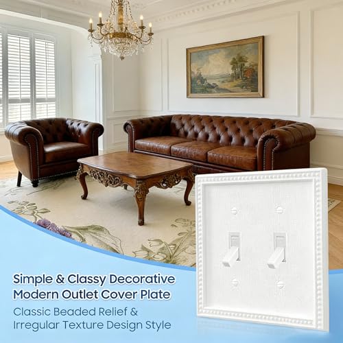 Image of EFTV 10 Pack Mid-Size Toggle Light Switch Wall Plates 2-Gang Switch Electrical Cover Plate Unbreakable Thermoplastic Faceplate, Classic Beaded Relief Design, White