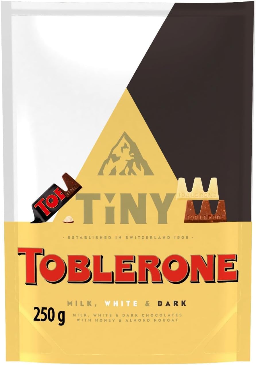 Toblerone Tiny's Milk, White & Dark Chocolates with Nougat, 250 g (1-Pack) | Tiny Variety Pack of Milk, White & Dark Chocolates with Almond Nougat, Perfect for Gifting or Sharing