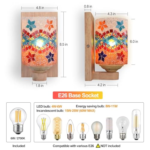 Image of Bedside Colored Mosaic Glass Wall Sconce, Handmade Mediterranean Bohemian Turkish Moroccan Wall Lamp Stained Glass Wall Light Fixtures for Bedroom Living Room Hallway Vanity Corridor Bulb Included