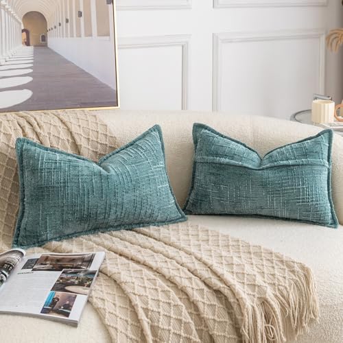 Image of MADIZZ Pack of 2 Chenille Throw Pillow Covers 12x20 Inch Teal Soft Neutral Decorative Throw Pillows for Couch Sofa Boho Accent Cushion Covers Modern Farmhouse Home Decor for Bedroom Living Room