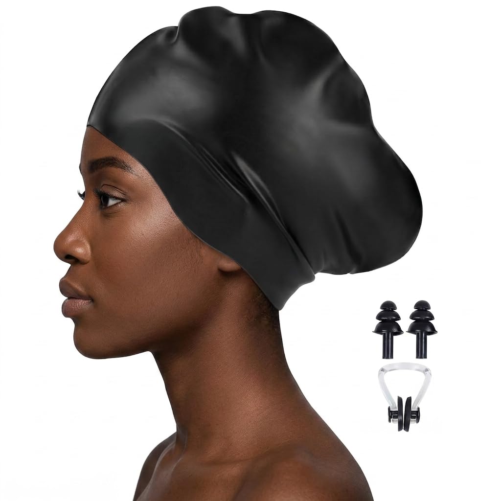 Large Swimming Cap Set with Nose Clip Ear Plugs, Stretch Silicone Swim Cap for Long Hair Waterproof Comfortable Fit, Swimming Hat Women Swim Hat Swim Caps for Women Pool Training Bathing Beach Sports