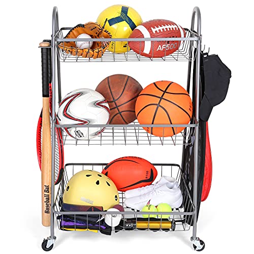 Sports Equipment Storage , Garage Storage System, Ball Storage Rolling Sports Storage Organizer with Garage Toy Storage and Hooks, Outdoor Garage Ball Storage, Sports Gear Storage for Kids