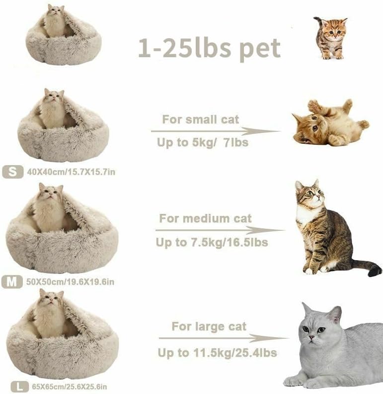 Miniatura 7 de Cama para gatos, redonda y esponjosa, con capucha, para gatos, cama antiansiedad con manta con capucha, acogedora cama de lujo para cachorros, parte