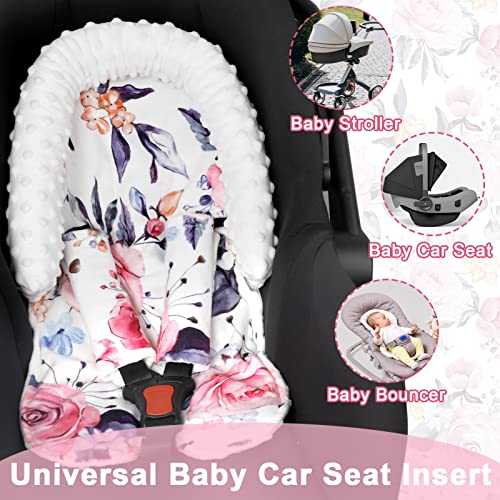 Image of Pea Pod Baby Car Seat Head Support and Body Support with 2 Strap Covers, Ultra Soft Warm Minky Dot Fabric Backing, Baby Essential for Newborn, Stylish Floral Printed