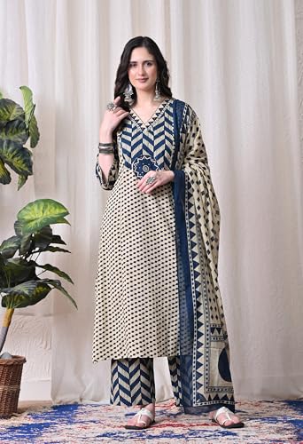Image of MEERA FAB Women's Cotton Straight Kurta Set, Floral Print with Yoke, with Dupatta and Pants