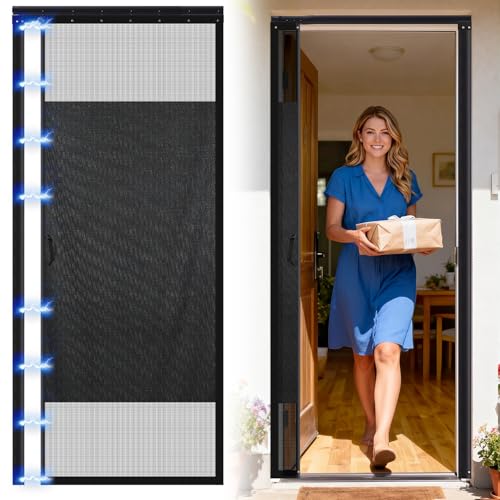 Beeveer Retractable Privacy Screen Door with Sliding Track and Handle Fits Door Size 32 x 80(Curtain Size 34 x 81) No Drill Magnetic Screen Doors Weighted Bottom for Patio French Sliding Doors