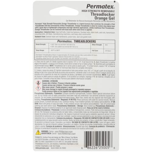Image of Permatex 25005 High Strength Removable Threadlocker Orange Gel, 5 g