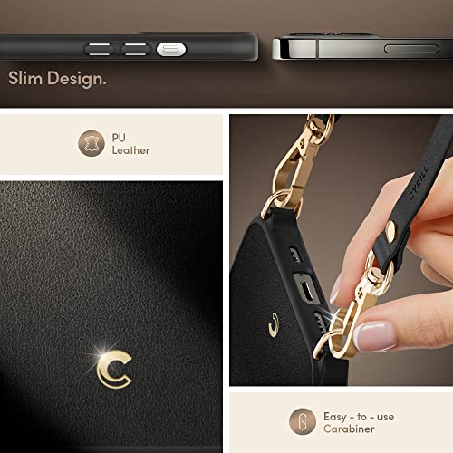 Image of Spigen Cyrill Classic Charm | iPhone 13 Pro Case | Crossbody Lanyard Strap iPhone 13 Pro Back Cover | Faux Leather+TPU+PC - Black