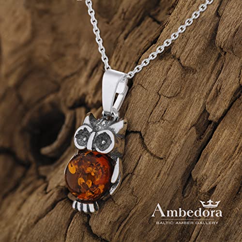 Women's Necklace Little Owl XVI, Oxidised Sterling Silver, Round Cabochon of Baltic Amber in Cognac Colour, Silver Pendant with Chain3