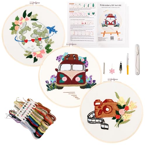 Image of Looples Embroidery Kit for Beginners and Adults with Video Tutorials - Complete Embroidery Starter Kit with 3 Stamped Floral Patterns, Hoops, Threads, Needles, and Instructions (Car, Globe and Camera)