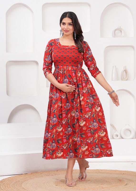 Image of JAIPURFAME Maternity Feeding Kurti with Zipper | Cotton Floral Printed Pregnancy & Nursing Dress | Comfortable & Stylish Maternity Wear for Women | Breastfeeding Kurta with Zipper | Soft & Elegant