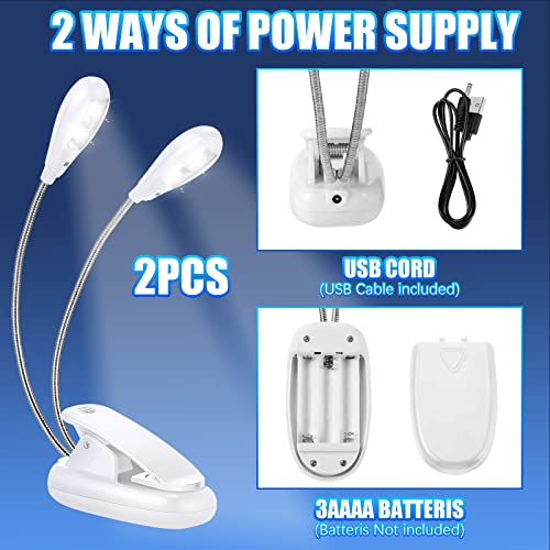 2 Pcs Music Stand Light Clip On Led Book Lights Dual Arm Reading Lights For Books In Bed 360 Degree Adjustable Clip On Light Usb And Aaa Battery Operated Light, 4 Brightness Levels (White) #TOP2