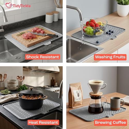 Image of Silicone Dish Drying Mat for Kitchen, Drying Mat for Kitchen Utensils Large 40x30cm with Built-in Drain Lip, BPA-Free Heat Resistant Dish Drying Mat for Countertop & Sink Area (Grey)