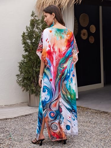 Image of IMAGEKOPE Women's Plus Size Loose Fit Moroccan Print V-Neck Batwing Kaftan Beach Dress Bathing Suit Cover Up