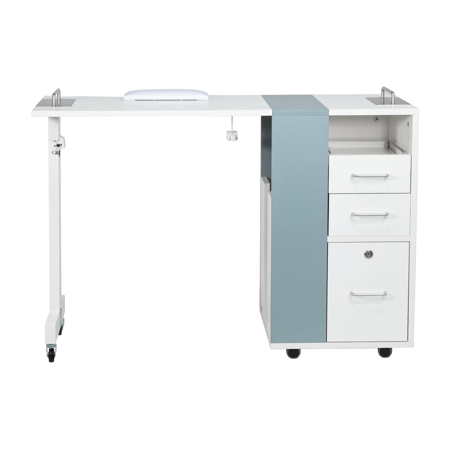 Berkeley Taylor Manicure Table Nail Desk, Versatile Foldable Station, Adjustable Length with Storage Cabinet for Salon Home Studio, White/Grey