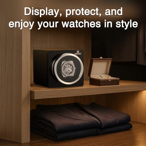 Image of MOZSLY Watch Winder for Automatic Watches Single Rotating Watch Box with Quiet Motor 12 Rotation Mode Setting Battery Powered or AC Adapter PU Leather