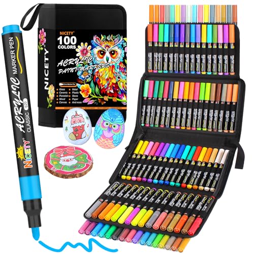 NICETY Rotuladores Acrílicos 100 Colores - Punta Media de 3 mm - Marcadores de Pintura para Piedra, Vidrio, Madera, Porcelana, Cerámica y Tela - Rotuladores Acrílicos a Base de Agua