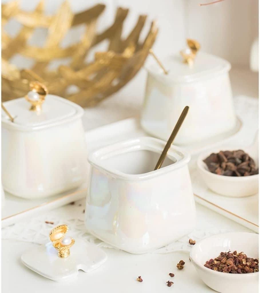 Pots à Épices Assaisonnement Box Set Ensemble De Récipients À Condiments En Céramique Avec Couvercle, Cuillère Et Plateau, Ensemble De Boîtes À Épices, Pot D'assaisonnement Pour La Cuisine Domestique