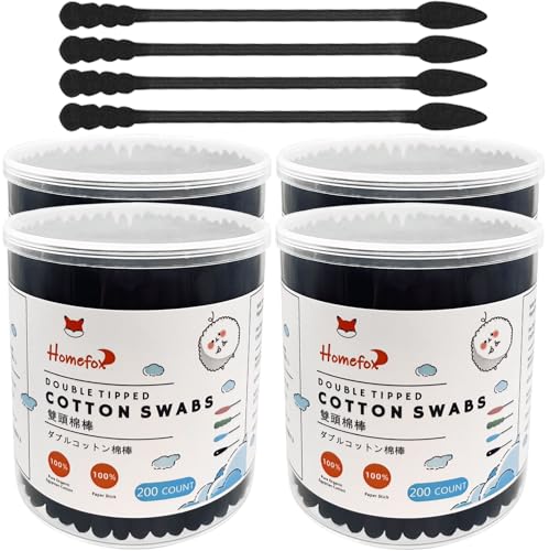 HOMEFOX Black Cotton Swabs Spiral Pointed - 800 Count Organic Cotton Buds Charcoal Gothic Double Side Tightly Wrapped Precision Cotton Tips Paper Stick Soft Gentle Lint-Free, Spiral & Pointy (Black)