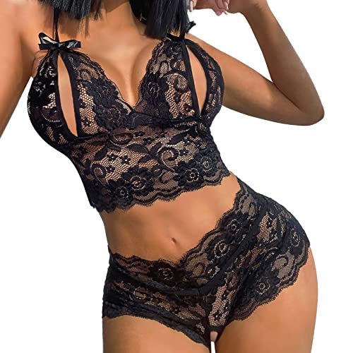 Women Sexy Babydoll Lace Lingerie Sexy Lingerie Set Two Piece Lace Bra and Sheer Cutout High Waisted Underwear Black