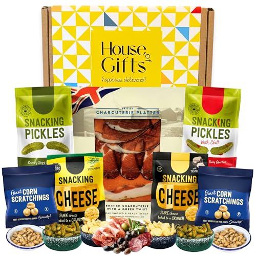 Charcuterie Meat & Snack Hamper – British Platter, Spicy Pickles, Truffle & Rosemary Cheese Snacks, Corn Scratchings, Savoury Snack Box for Men, Pub Snacks, Sharing Platter Gift Box