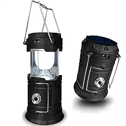 Lampião Retrô de Camping Lanterna LED 2 em 1 Recarregável com Luz Solar Luminária Portátil de Multiuso para Acampamento Pesca Trilhas com Carregador USB de Design Premium (Preto)