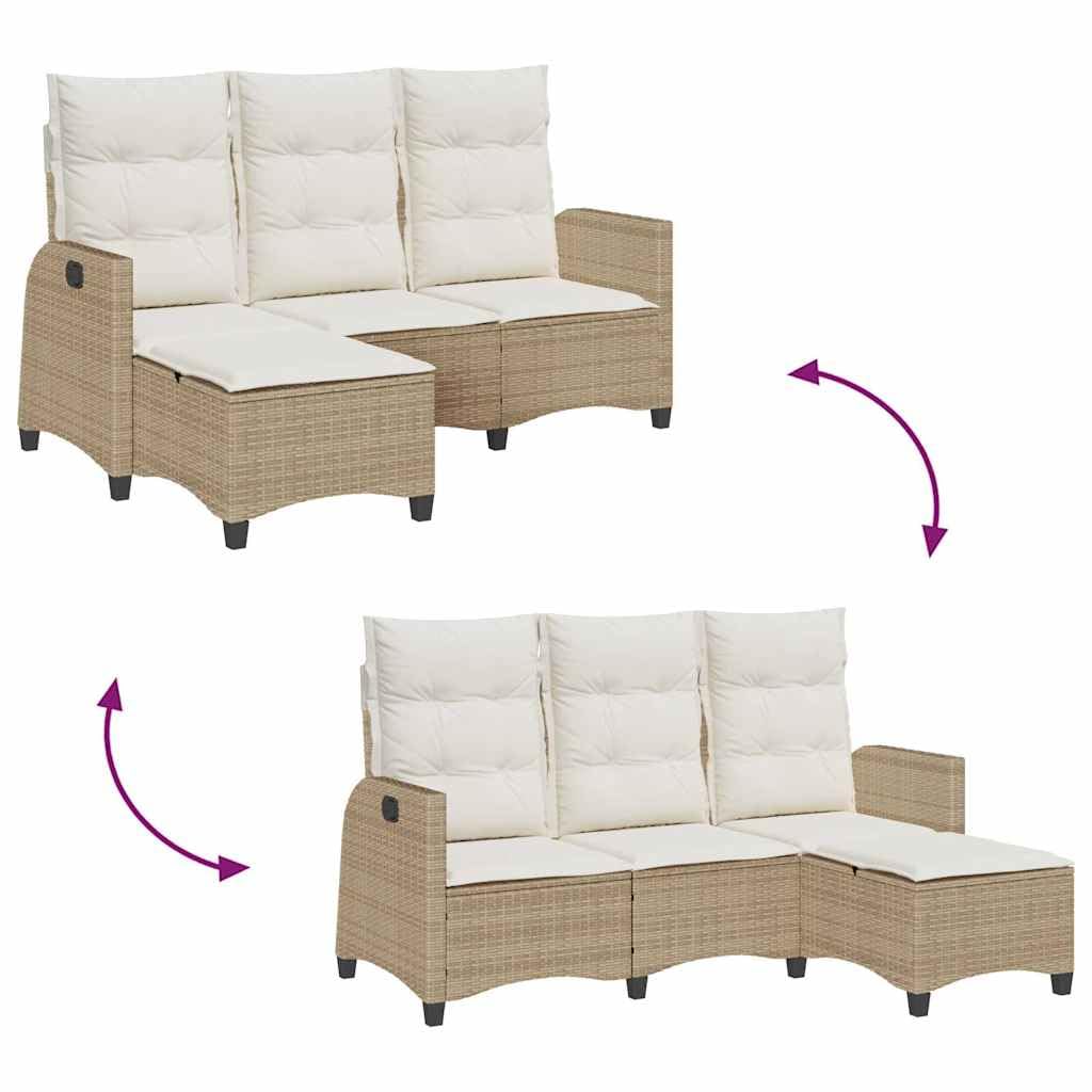 Divano da Giardino con Funzione Reclinabile, Set Angolare in Polyrattan Beige, Struttura Resistente, Cuscini Rimovibili, Salotto da Giardino Esterno,Beige, 176 x 138/125 x 83/91 cm