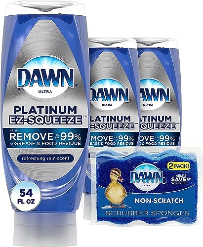 Dawn Dish Soap Squeeze Bottle, EZ-Squeeze Platinum Dish Soap Liquid+Non-Scratch Sponges for Dishes,Refreshing Rain,Includes 3x18oz Bottles+2 Sponges