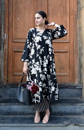 Image of GoSriKi Co Ord Set for Women Viscose Printed | Kurti Set for Woman | Kurta Palazzo Co ord Set | A Line Kurti | V Neck 3 /4 Sleeve Suit Set for Women Stylish Ethnic Outfit Clothing
