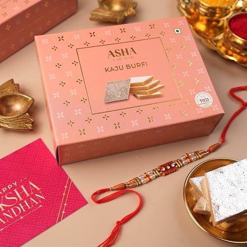 Image of ASHA Sweets Rakhi Celebration Combo Pack with Kaju Katli (250gm), 1 Handmade Rakhi & Wish Card Set for Gifting to Brother & Sister |Premium Raksha Bandhan Festive Gift Box for Family & Friends