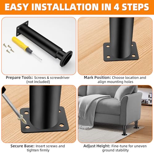Rwbimti 4 Stück Höhenverstellbare Möbelfüße Metall, Möbelbeine & Tischbeine (18-32cm), Schwarz - Stufenlos Verstellbare Bettfüße & Schrankfüße für Sofa, Tisch, TV-Schrank, Perfekt für Ungleiche Böden