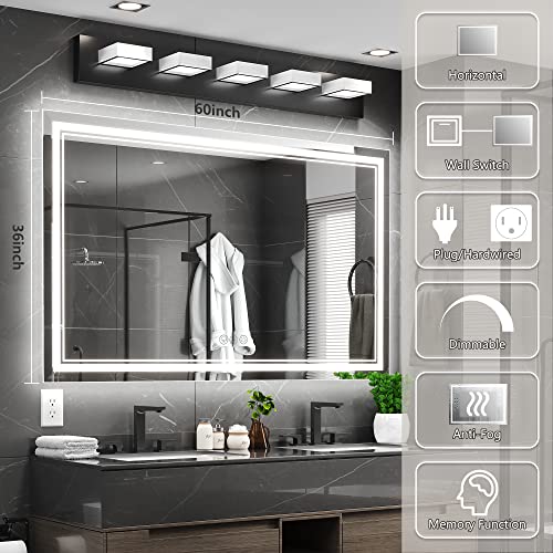 Image of 60x36 Inch Led Mirror for Bathroom with Front Light and Backlit, Bathroom Mirror with Led Lights, Vanity Mirror with Lights for Wall, Anti-Fog, Dimmable, Memory Function, Tempered Glass
