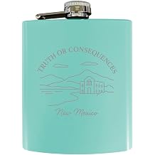 Truth Or Consequences New Mexico Minimalistic Design Souvenir 7 oz Engraved Steel Flask Matte Finish - Seafoam