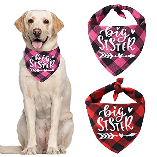 HACRAHO Plaid Dog Bandana Halstuch, 2 Packungen Weiche Baumwolle Big Sister Dog Bandana Verstellbar Dreieck Haustier Schal für Kleine Mittlere Hunde Haustiere, Rose Rot und Rot Cover
