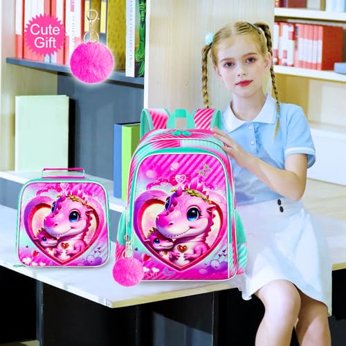 Image of 16 inch Dinosaur Backpack for Girls, 3Pcs School Bookbag with Lunch Box, Kids Backpacks Set for Elementary Preschool Kindergarten(Pink)