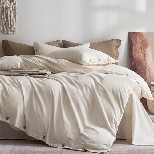 Image of JELLYMONI 100% Washed Cotton Duvet Cover Full - Soft, Breathable Linen-Look Bedding with Natural Wrinkle Texture, Button Closure, 3-Piece Set (Oat Milk, 80 inchx90 inch)
