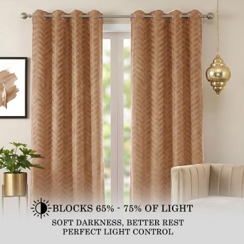 Image of 100% Room Darkening Long Curtains 8 Feet, Beige | Embossed Panels Light Block Mild Thermal Insulated & Noise Reducing Room Darkening Curtains (Beige, 96 Inch)