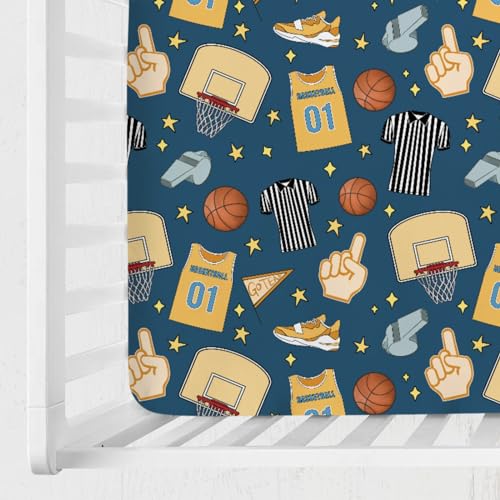 Image of Fun Basketball Baby Crib Sheet 52''x28'' Sports Snug Fitted Mattress Cover for Boy Girl Basketball Balls Hoop Uniform Soft Nursery Baby Sheets