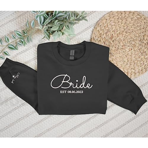 GodLover Personalized Embroidered Bride EST Sweatshirt, Custom Mrs. Last Name On Sleeve,Mrs Bride And Groom Engagement Wedding Gifts, Future Mrs Hoodie, Engagement Gift Black2