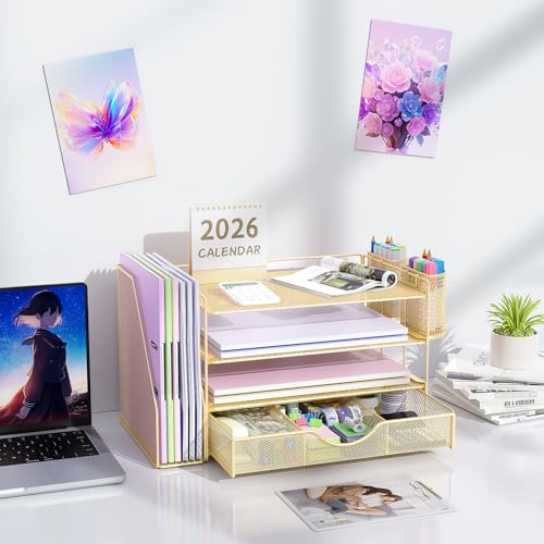 Image of gianotter Desk Organizers and Accessories with File Holder, 4-Tier Desk Accessories & Workspace Organizers with Drawer and 2 Pen Holder, Paper Organizer for Office Supplies(Gold)