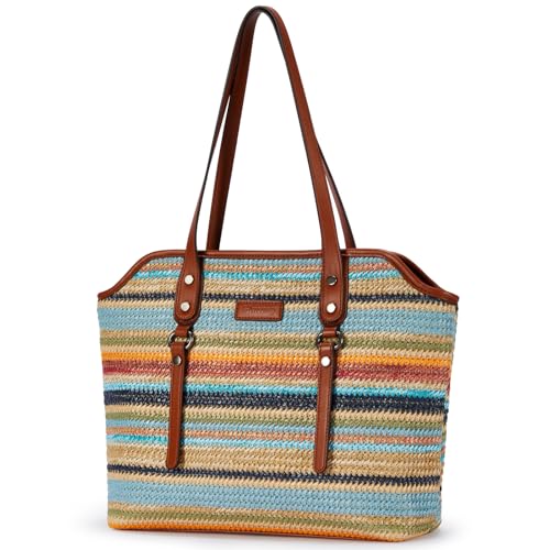 Image of Tote Bag for Women,Large Capacity Straw&Vegan Leather Tote Purses for Women,Shoulder Bags For Daily Travel Work Beach
