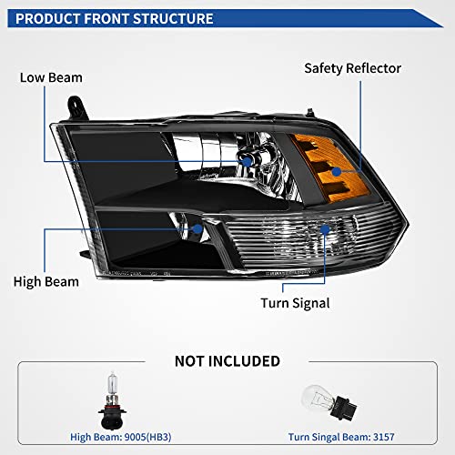 Image of OEDRO Headlight Assembly Replacement for 2009-2018 Dodge Ram 1500 /2010-2018 Ram 2500 3500 (Quad Models Only), Headlamp with Amber Reflector, Clear Lens Black Housing w /o bulbs, w /o wiring harness