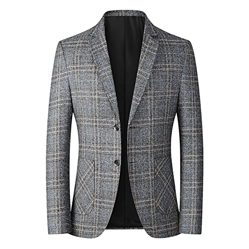 Men's Classic Fit Plaid Casual Blazer Jacket Cotton Notched Lapel Two Button Suits Coats Striped Business Blazers