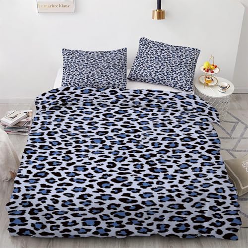 Parure de lit bleu léopard 220x240 avec housse de couette en microfibre et taies