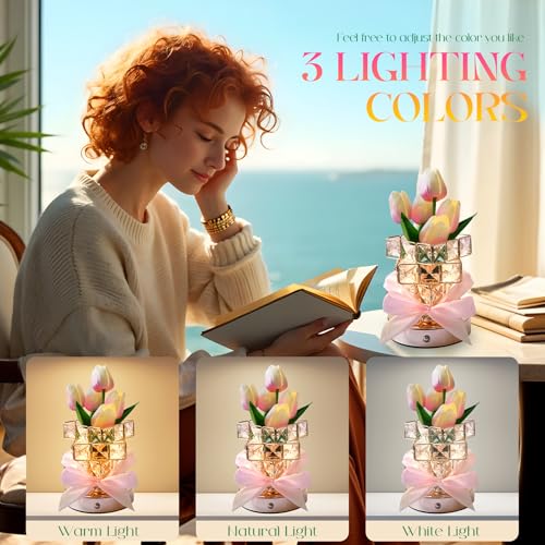 Image of Tulips Lamp Gifts for Mom /Birthday Gifts for Women, Rechargeable Cordless Touch Table Lamp, 3 Color Colour Dimming Small Night Light-Gift for Mothers Day, Valentines Anniversary, Unique Home Decor