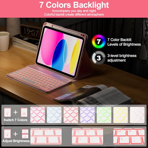 Image of COO 7 Color Backlit Keyboard Case for iPad 11th A16 /10th Gen | 7-Color Backlit Detachable Bluetooth Keyboard, Pencil Holder, Auto Wake /Sleep, 3 Angles, PU TPU Cover, Pink